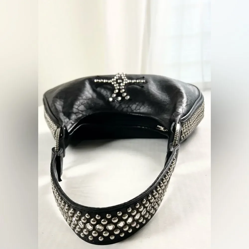Raviani Black Leather Swarovski Crystal & Rivets Shoulder Bag
